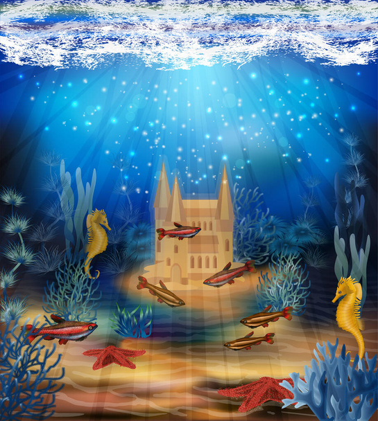 Underwater background with sand castle, vector illustration - Διάνυσμα, εικόνα
