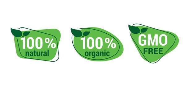 Hundred natural organic and GMO free icons - Vetor, Imagem