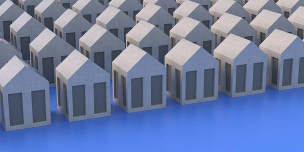 Концепция недвижимости и города, Малые модели домов с крышами, Жилой район, много зданий на голубом фоне, 3d иллюстрация - Фото, изображение