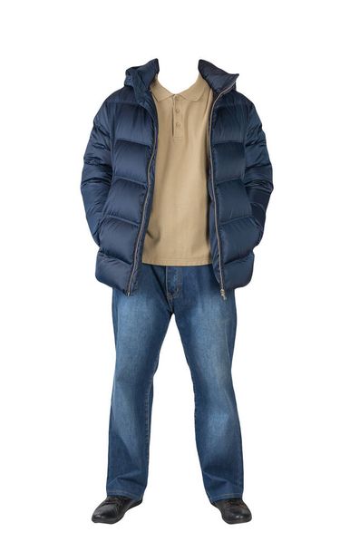 dark blue jeans,beige t-shirt with a collar on buttons,dark blue down jacket with hoodand and black leather shoes  isolated on white background  - 写真・画像