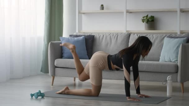 Dame noire faisant l'entraînement quadrupède d'exercice d'augmentation de jambe à la maison - Séquence, vidéo