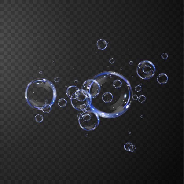 Raccolta di bolle di sapone realistiche. Le bolle si trovano su uno sfondo trasparente. Bolle di sapone volante vettoriale - Vettoriali, immagini