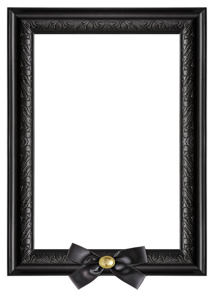 Schwarzer Holzrahmen mit schwarzem Trauerschleif für Gemälde, Spiegel oder Foto isoliert auf weißem Hintergrund. Gestaltungselement mit  - Foto, Bild
