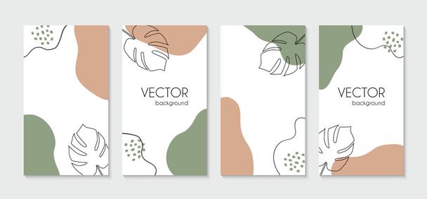 Minimal organic instagram stories template. Vector set of vertical abstract backgrounds with tropical leaves - Vector, Imagen
