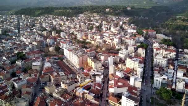 Aerial photograph of the capital of Aydin province - Aydin city  from high point of drone fly in sunny day in Turkey. Amazing aerial cityscape view on beautiful city centre and parks. - Footage, Video