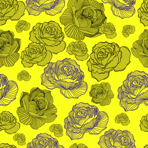Elegância abstrato padrão floral sem costura. Lindas flores vetorial ilustração textura com rosas sobre fundo amarelo. Impressão de rosas floridas - Vetor, Imagem