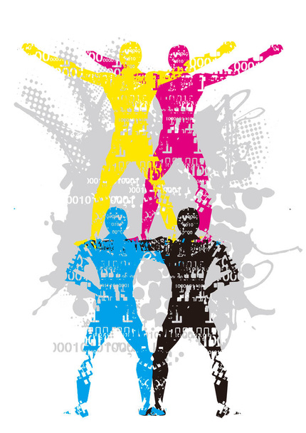 Kleurendruk team, vier man. Vier mannelijke silhouetten grunge gestileerd in print kleuren. Beschikbare vector. - Vector, afbeelding