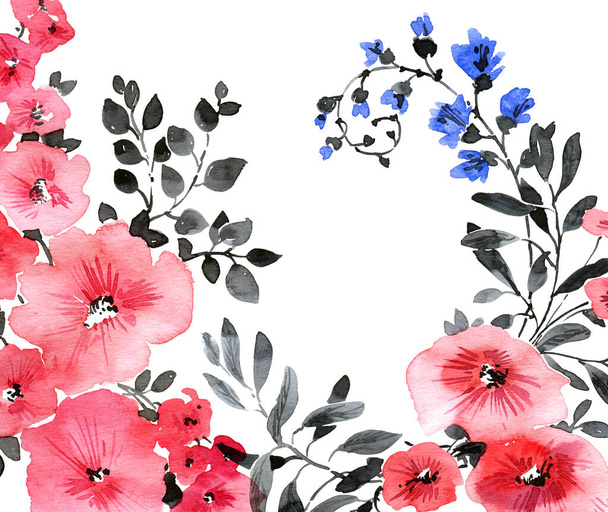 Yapraklı pembe ve mavi çiçeklerin suluboya çizimi. Beyaz arka planda güzel bir buket. Tebrik kartı, davet veya kapak tasarımı. - Fotoğraf, Görsel