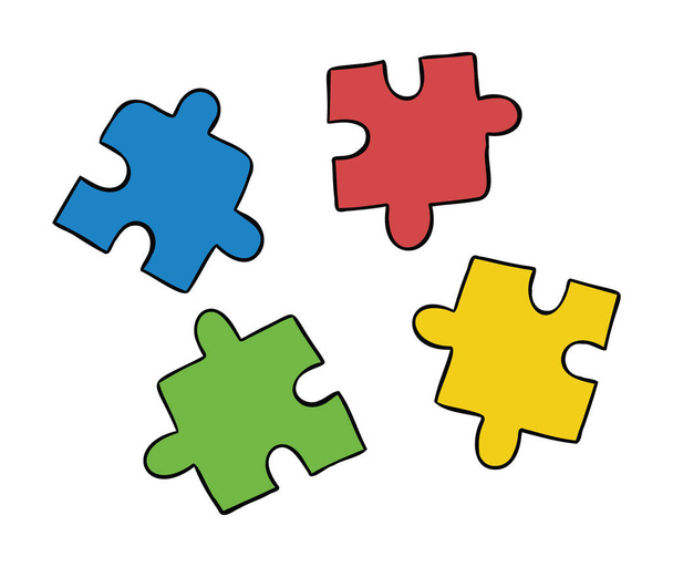 Мультфильм векторной иллюстрации совместимых 4 части головоломки в различных цветах. Цветные и черные контуры. - Вектор,изображение