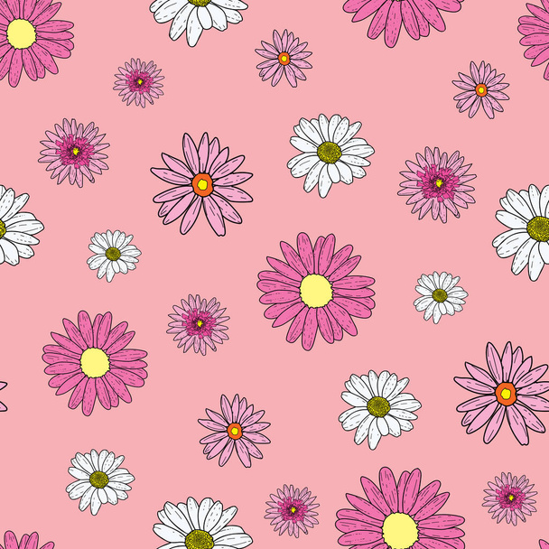 Vector peach pink background pink daisy flowers and wild flowers. Seamless pattern background - Vektor, Bild