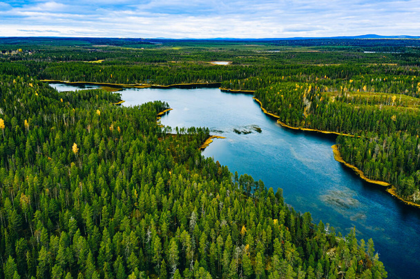 Légi kilátás vadon élő zöld erdők és kék tavak és folyók nyáron Finnország - Fotó, kép