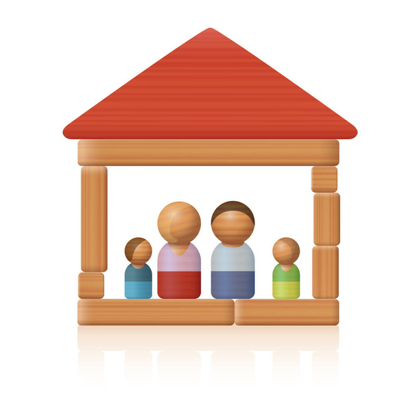 Typische speelgoed familie in hun eenvoudige houten speelgoed blok huis - symbool voor eenvoud met betrekking tot gemakkelijk wonen of betaalbare bewoning - of gewoon een grappige kinderen spelen. Vector op witte achtergrond. - Vector, afbeelding