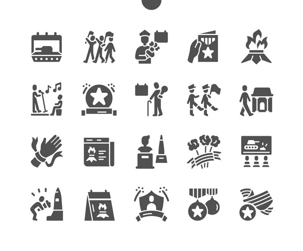 Victory Day 9 May. Calendar. War veteran. Monuments to the heroes. Ninth of may. Holiday. Winner, parade, soldier, memory, win and freedom. Vector Solid Icons. Simple Pictogram - Vector, Image