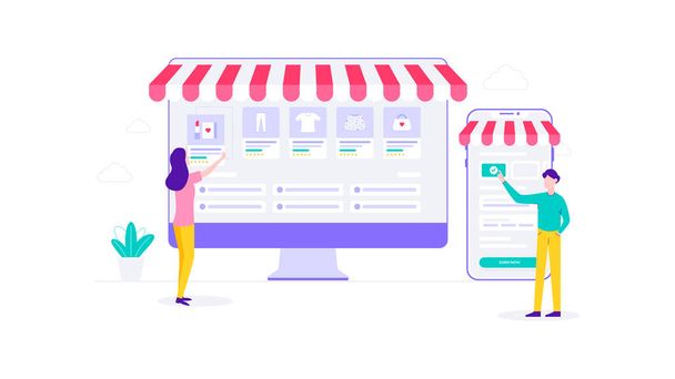 E-Commerce Management Online Shopping Flat Vector Illustration, Suitable for Web Banners, Infographics, Book, Social Media, And Other Graphic Assets	 - Vector, Image
