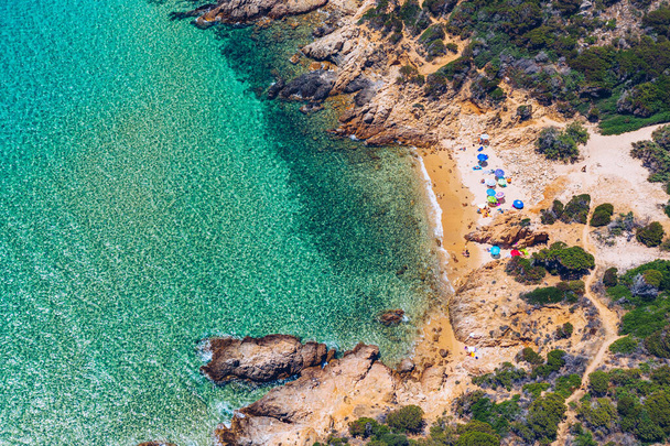 Panorama of the wonderful beaches of Chia, Sardinia, Italy. View of beautiful Chia bay and wonderful beaches, Sardinia island, Italy. Beautiful sea and bay on Su Guideu beach, Sardinia island, Italy - Foto, Imagem