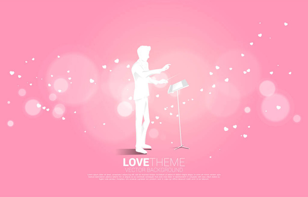 Vector silhouette of conductor standing with heart flying . Concept background for love song and concert theme. - Vector, Image