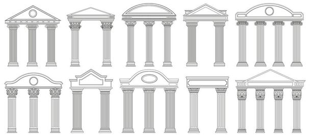 Древние фронтоны. Фасад храма греческой и римской архитектуры с векторными иллюстрациями древних колонн. Античные архитектурные фронтоны. Древнеримский мрамор, греческий фасад - Вектор,изображение