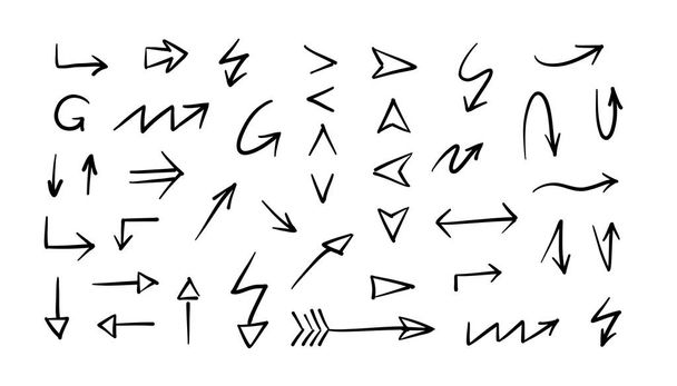 Doodle arrows. Hand drawn set in black and white colors. Scribbled arrows and pointers on white background in vector - Вектор, зображення