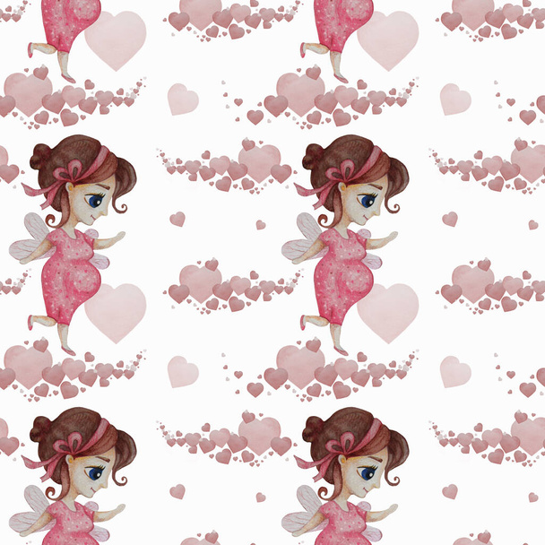 Seamless patterns. Beautiful pregnant woman with wings with a ribbon on her head in pink dress on white background with hearts. Watercolor. For wallpaper, textiles, decoration and packaging, printing - Photo, Image