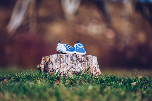 Young couple waiting for baby. Expecting parents with little baby boy shoes. Concept of Parents-To-Be. Shoes and sneakers of parents and expected baby. Mom, dad and the future baby Shoes. - Photo, Image