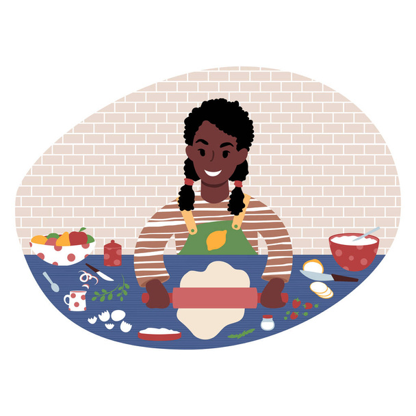 Chica africana sonriente preparando una comida. Ilustración de estilo plano. - Vector, imagen