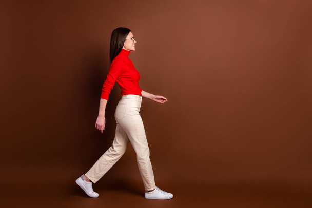 Full size profile portrait of gorgeous person walking look empty space beaming smile isolated on brown color background - 写真・画像