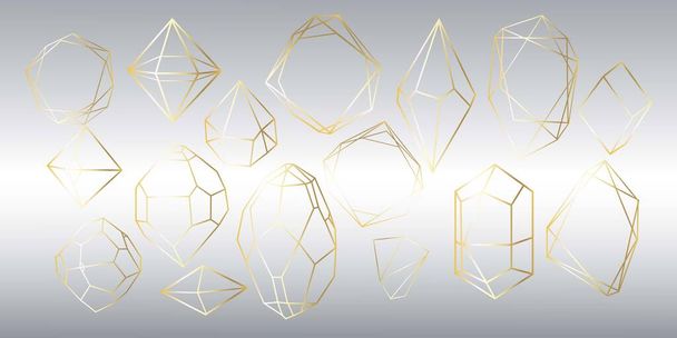 金の豪華なクリスタルダイヤモンドシェイプのベクトルセット。カードのためのボーダーコレクション。幾何学プレミアムグリッター背景、ポリゴンモザイク形状アメジスト宝石クォーツ石ラインアートスタイル - ベクター画像