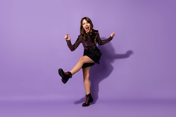 Full length body size view of nice elegant cheerful fit girl having fun dancing rest chill isolated over bright violet color background - Foto, Bild