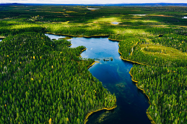 Luftaufnahme wilder grüner Wälder und blauer Seen und Flüsse im Sommer in Finnland - Foto, Bild
