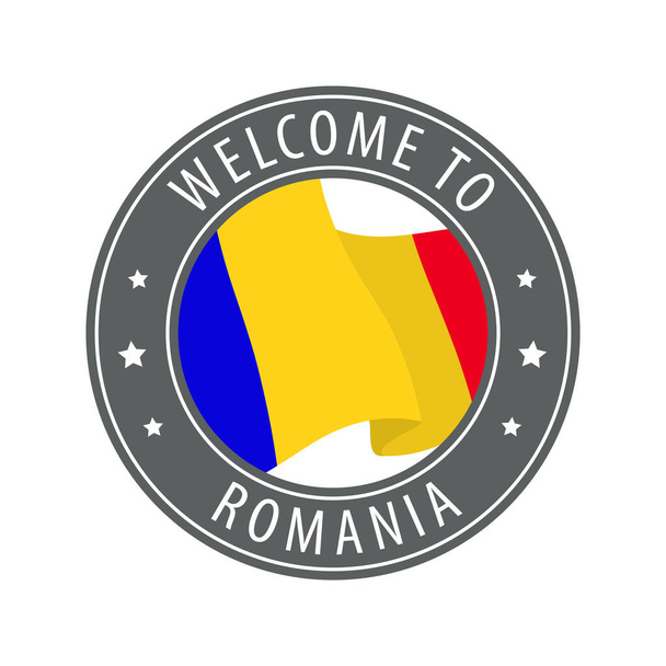 Welcome to Romania. Gray stamp with a waving country flag. Collection of welcome icons. - Vector, Image