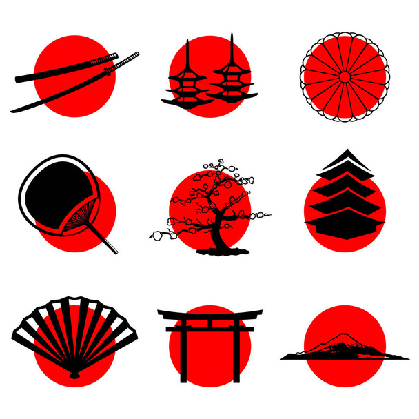 A set of Japanese-style icons on the background of the sun. Japanese symbols katana, sakura, fan, pagoda, and more. Vector illustration. - Vector, Image