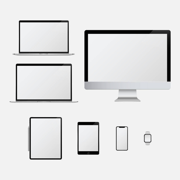 Ρεαλιστική ψηφιακή σχεδίαση mockup set. Υπολογιστή, λάπτοπ, tablet, τηλέφωνο και ρολόι. Κενή απεικόνιση διανύσματος συσκευής - Διάνυσμα, εικόνα