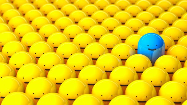 The crowd and one special. Rows of yellow men and one blue smiling. 3d render - Foto, Imagem