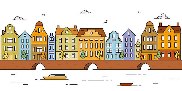 Panorama plano de ciudad europea con coloridos edificios históricos - Vector, imagen