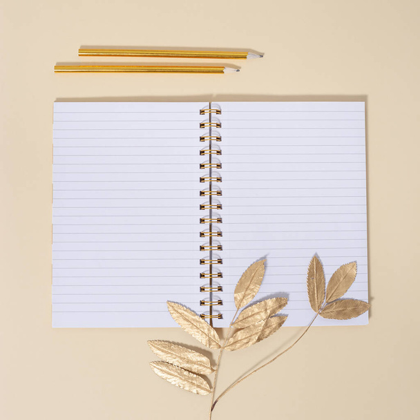 Top view of open school notebook with blank pages and pencils for writing notes. Creative workspace at home with gold and neutral autumn shades. - Фото, изображение