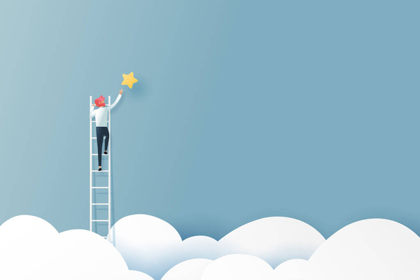 Businessman on a ladder reaching the star above cloud.Business concept.Paper art vector illustration. - Vector, Image