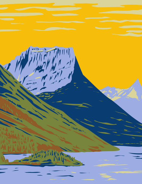WPA Poster Art do Waterton-Glacier International Peace Park, a união do Waterton Lakes National Park no Canadá e do Glacier National Park nos EUA feito em estilo de administração de projetos de obras. - Vetor, Imagem