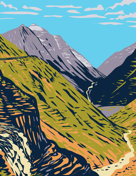 WPA Poster Art of the Going-to-the-Sun Road visto de Logan Pass uma estrada de montanha cênica nas Montanhas Rochosas localizadas no Parque Nacional Glacier em Montana feito em estilo de administração de projetos de obras. - Vetor, Imagem