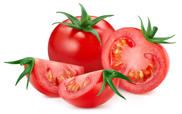 白い背景にトマトの葉でトマトの野菜を熟す。白を基調とした新鮮なトマト野菜。ファイルにクリッピングパスが含まれています. - 写真・画像