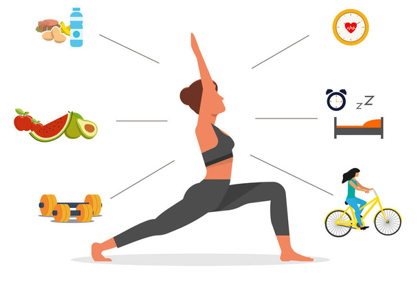 Junge Frauen, die Yoga-Posen machen, zeigen ihre Muskelkraft durch Bewegung und Gesundheitsvorsorge. Flat style cartoon illustration vektor - Vektor, Bild