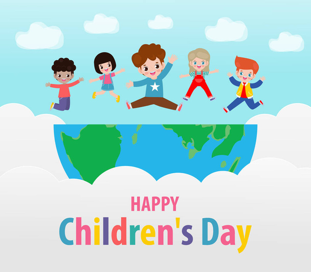 Happy children's day background poster with happy kids jumping on World in the cloudy sky and rainbow greeting card isolated vector illustration - Vector, Image
