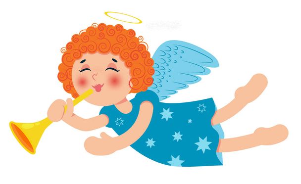 Cute little Christmas angel with trumpet. Curly redhead baby girl. Cartoon character. Vector illustration. - Wektor, obraz