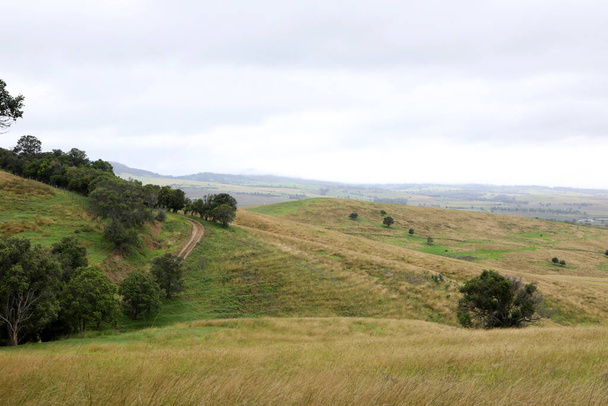 Вид на загородный город Килларни в Квинсленде Австралия. С катящимися холмами и зелеными загонами - Фото, изображение