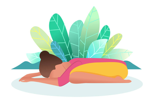 A woman does yoga. Baby pose. The concept of a healthy lifestyle. Rest, treatment, prevention. All-season training at home and in nature. Cartoon lifestyle. Vector. - Vector, Image