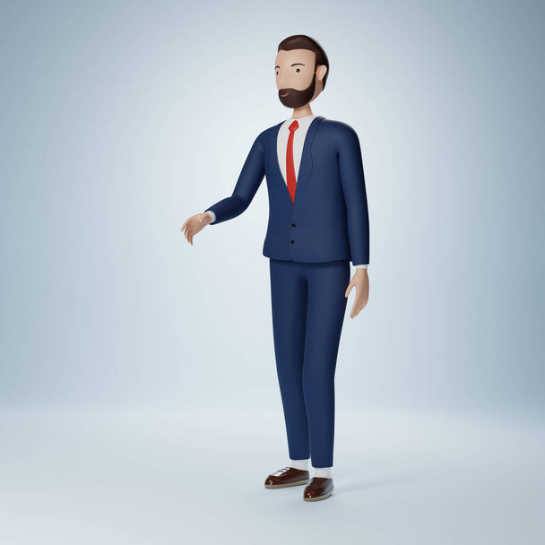Businessman cartoon character shake hand pose isolated on light blue background. 3d rendering with clipping path. - Fotoğraf, Görsel