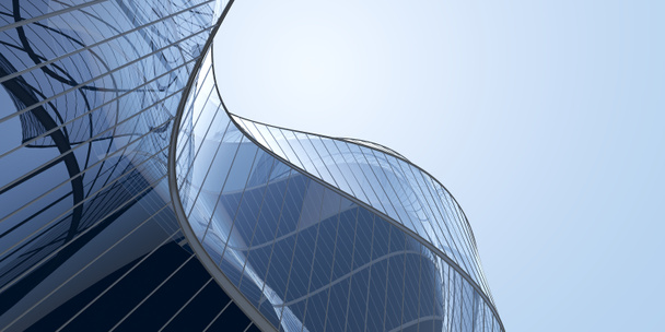 Vue à angle bas de l'architecture futuriste, gratte-ciel de l'immeuble de bureaux avec fenêtre en verre courbe, rendu 3D. - Photo, image
