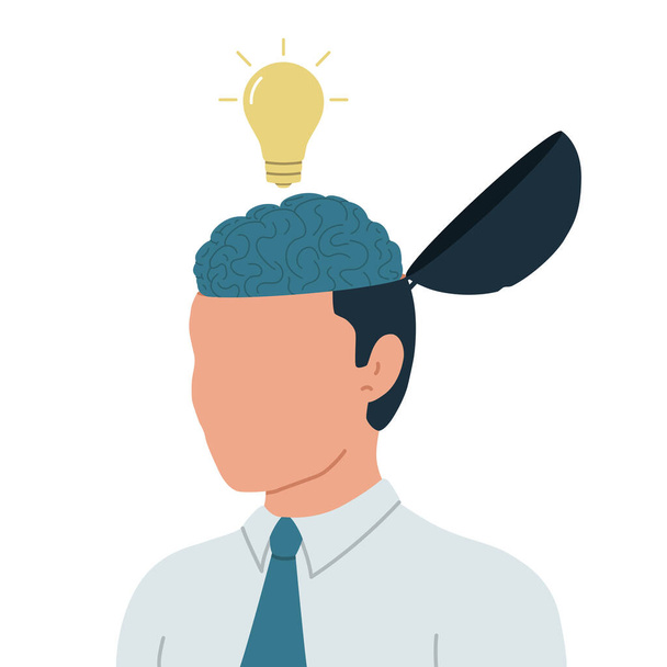 Бизнес-концепция генерации идей. Векторная концептуальная иллюстрация бизнесмена с мозгом и лампочкой. - Вектор,изображение