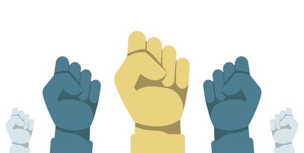 Концепція протесту. Векторна ілюстрація піднятих людських рук зі згорнутими кулаками. Піднятий кулак
 - Вектор, зображення