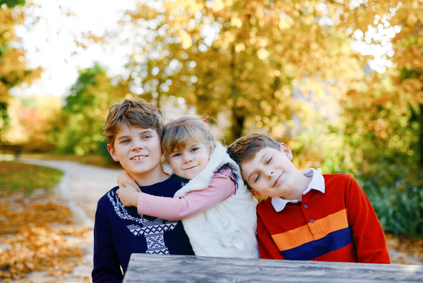 Portrait of three siblings children. Two kids brothers boys and little cute toddler sister girl having fun together in autumn park. Happy healthy family playing, walking, active leisure on nature - Photo, Image