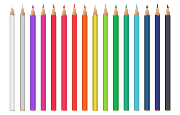Gerçekçi renkli kalem seti. Beyaz arkaplanda izole edilmiş renkli kalemler. Okul eşyalarına dönelim. Sunum, yayınlar ve eğitim için şablon tasarımı. Vektör illüstrasyonu - Vektör, Görsel